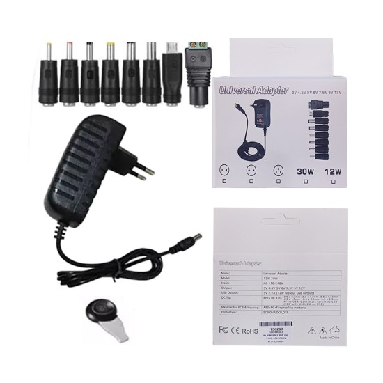 Universal Adapter 12W to 30W AC/3V to 12V DC with 8 adaptor tips and MicroUSB Plug LED 2000mA (Max.) Black